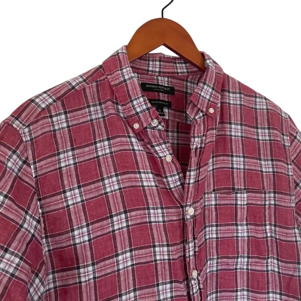 Banana Republic Camden Standard Fit Red Plaid Button Up Linen Shirt, M